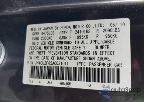 2010 Acura Tsx 2.4 z USA, uszkodzony, nr VIN JH4CU2F65AC031011